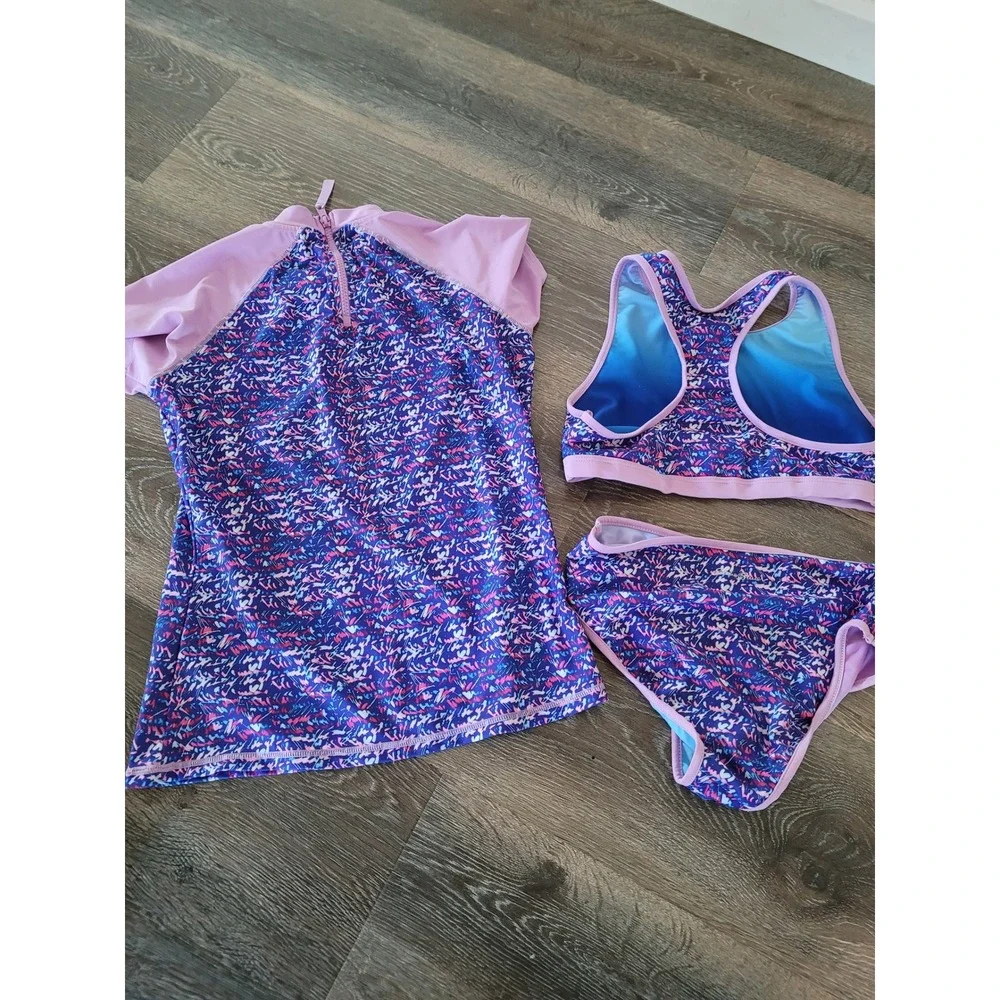 Eddie Bauer Girls 3 Piece Swimsuit Set Purple Rash Guard Bikini Kids L 14/16 #8